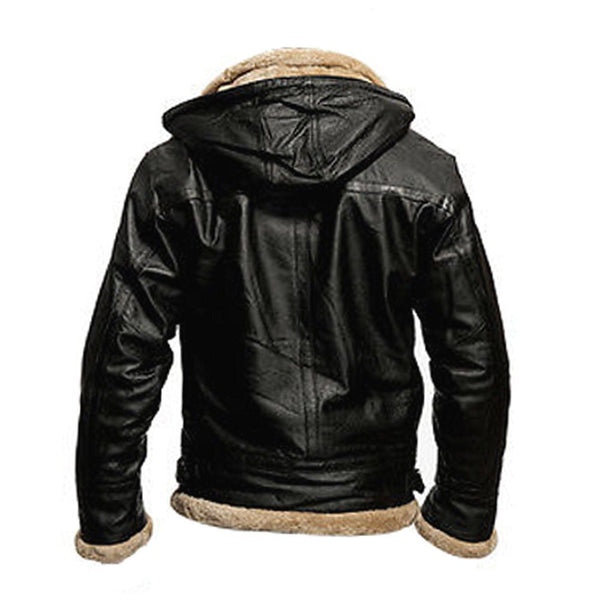 B3 Black Removable Hood Fur Shearling Genuine Leather Bomber Black Jacket For Men - Sale