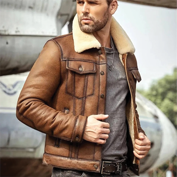 B026 Men Classic B3 Original Real Leather Jacket Brown Off White