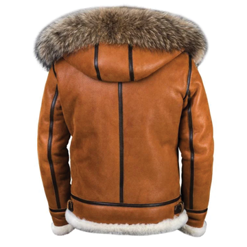 B027 Men Classic Top Gun Real Leather B3 Jacket Dean Tan White Fox Fur Hood