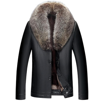 MFCO8 Men New Aviator Real Leather Removable Fox Fur Collar Coat Black Jacket