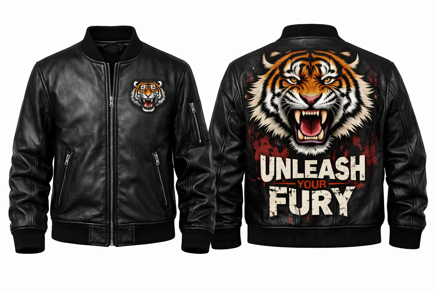MP010 Unleash Your Fury Tiger Leather Bomber Jacket - Men's Aggressive Graphic Flight Jacket