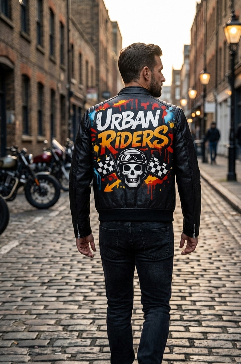 MP014 Urban Riders Graffiti Skull Leather Jacket - Street Art