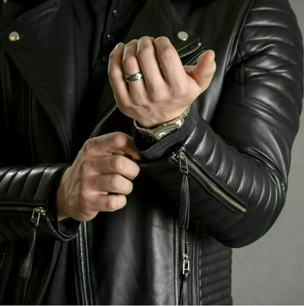 M080 Slim fit Men's Motorcycle Bomber Classic Biker Quilted Black Real Leather Jacket