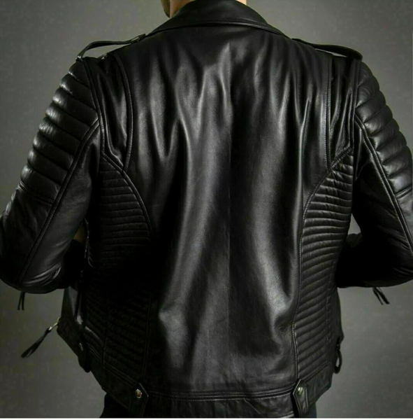 M080 Slim fit Men's Motorcycle Bomber Classic Biker Quilted Black Real Leather Jacket