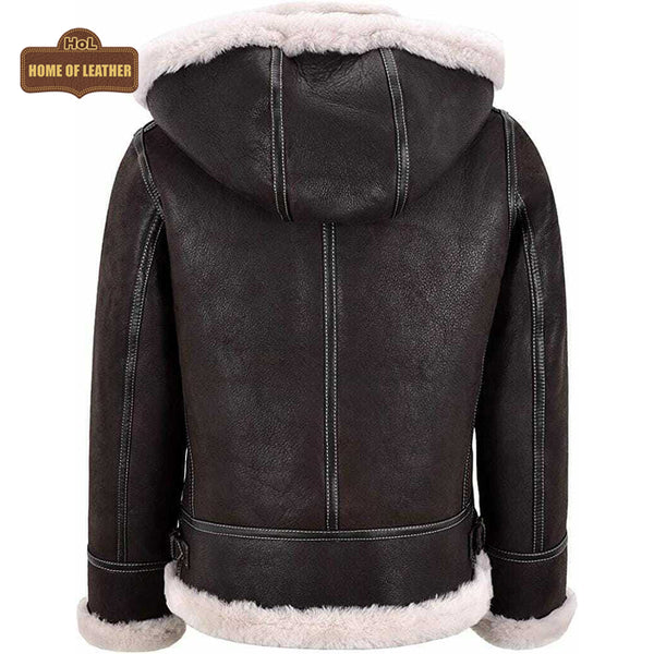 B005 Men's Bomber Real Shearling fur Sheep Skin Leather RAF B3 Biker Hooded Classic Jacket