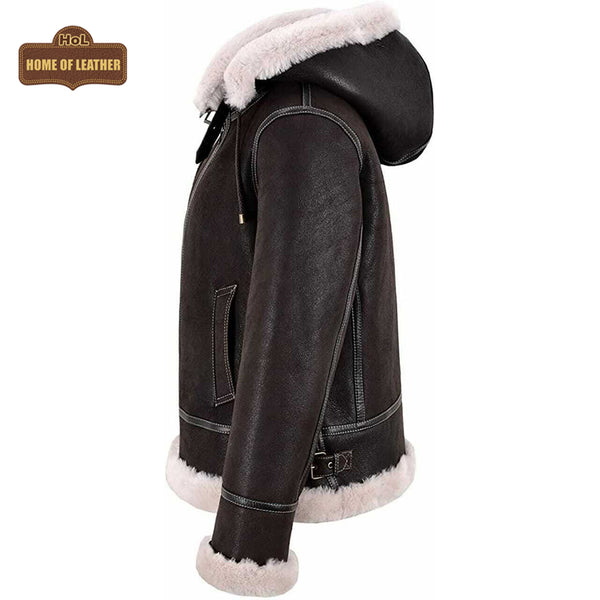 B005 Men's Bomber Real Shearling fur Sheep Skin Leather RAF B3 Biker Hooded Classic Jacket