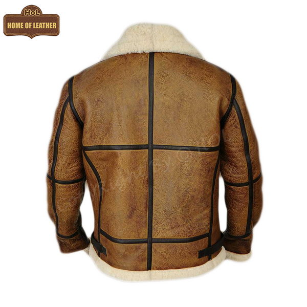 B009 RAF Men's Brown Shearling Fur B3 Flight Bomber Aviator Real Leather Jacket