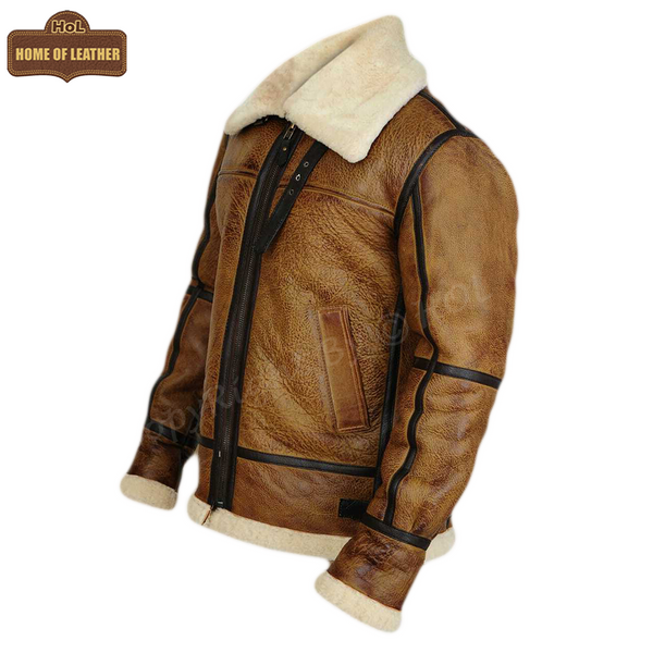 B009 RAF Men's Brown Shearling Fur B3 Flight Bomber Aviator Real Leather Jacket