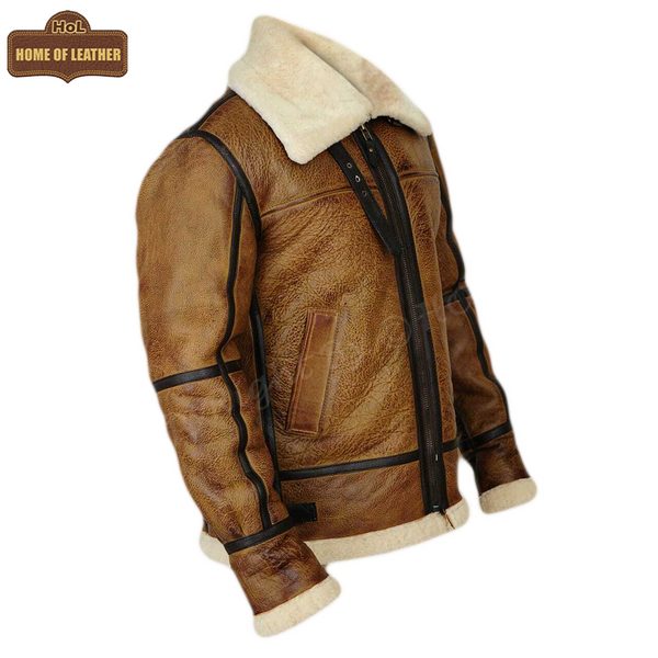 B009 RAF Men's Brown Shearling Fur B3 Flight Bomber Aviator Real Leather Jacket