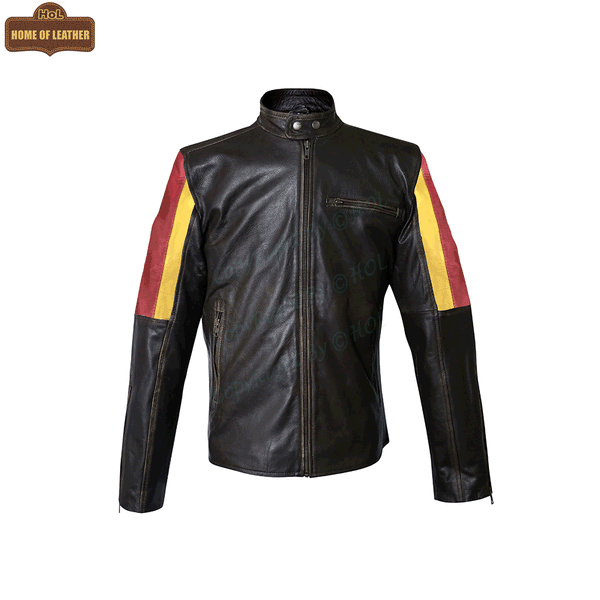 M019 HoL Brand German Flag Brown Genuine Leather Jacket For Men's