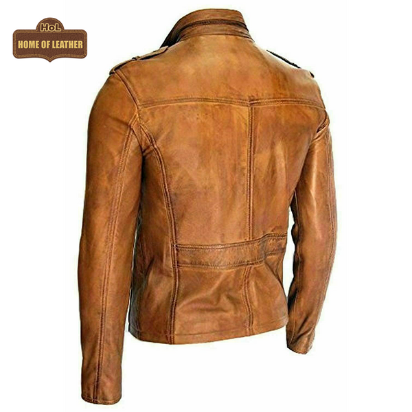 M025 Men's Motorcycle Real Leather Tan Brown Distressed Moto Biker Jacket