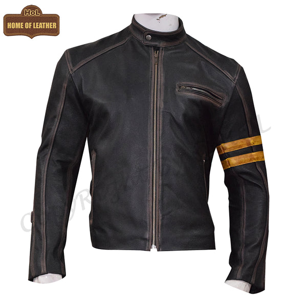 M027 Biker Support Distressed Café Racer Men Black Retro Leather Jacket with protectors