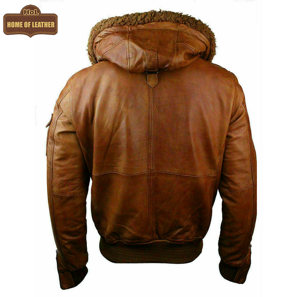 M030 Men's Genuine Leather Hooded Fur Bomber Retro Aviator Brown Stylish Jacket