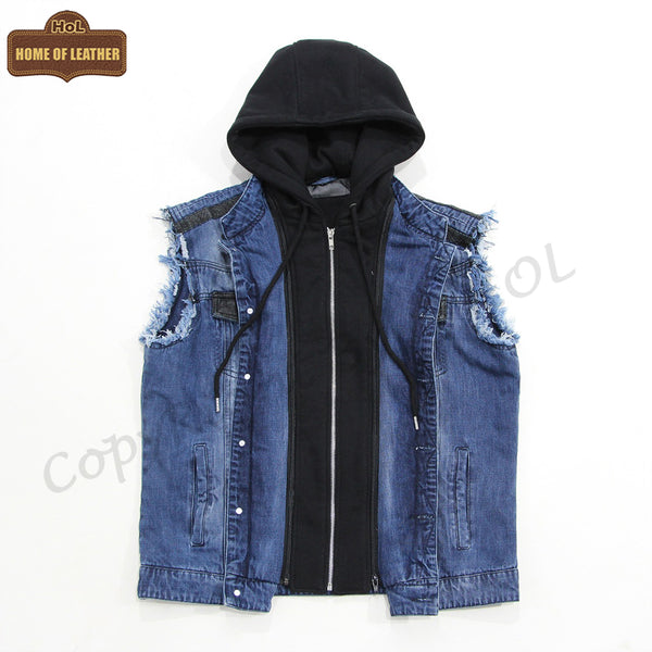 MDJ05 Men's Denim Sleeves Less Detachable Hooded Vest Blue Color Vest