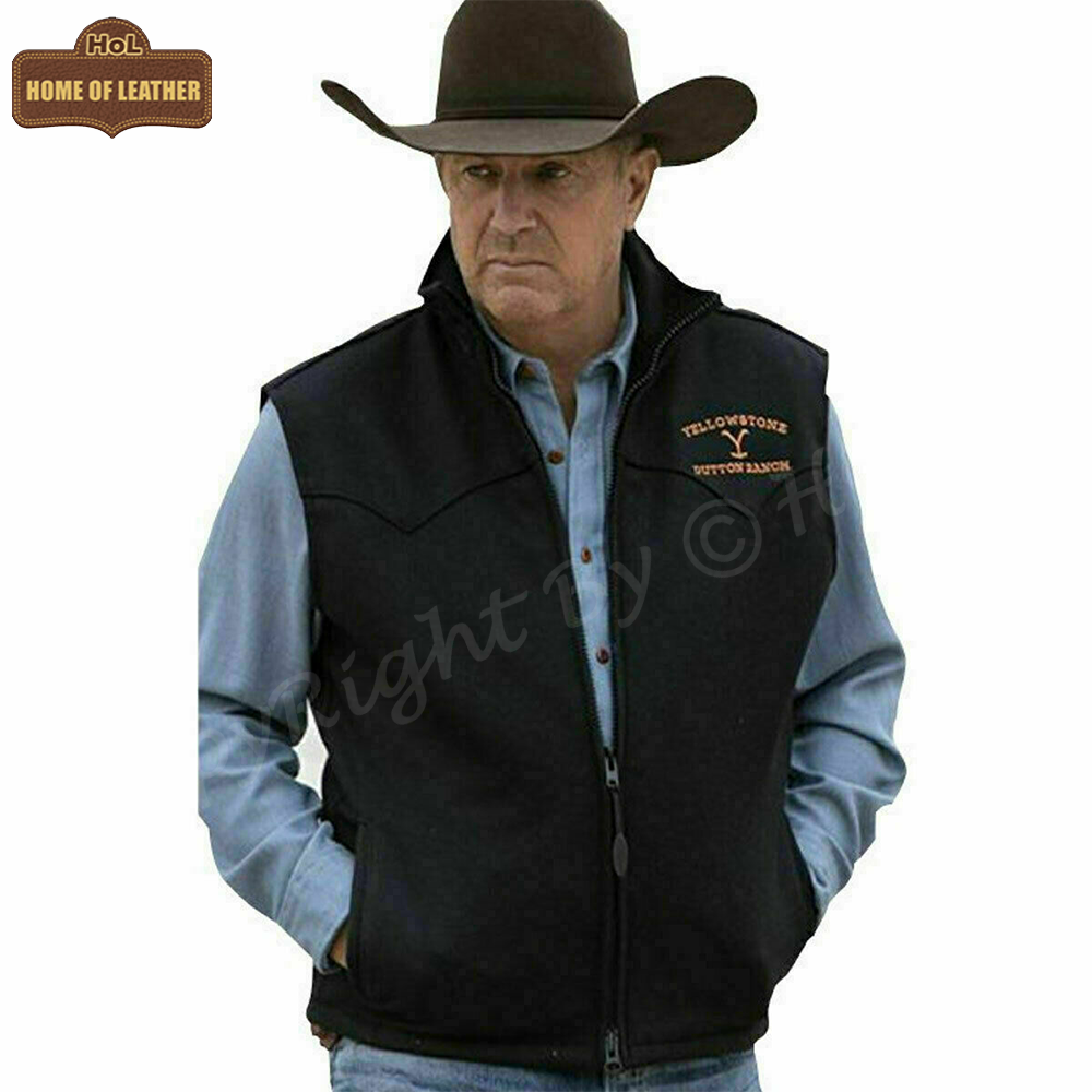 MDJ08 Yellowstone Men's Vest Wool Kevin Costner John Dutton Black Deni