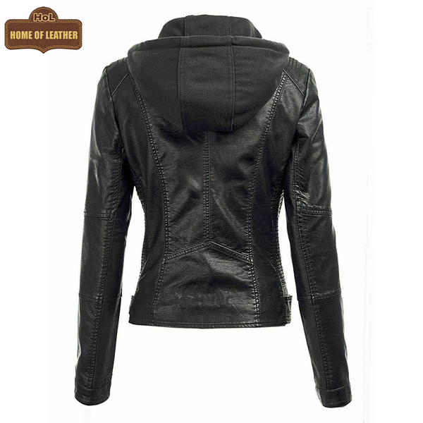 WLJ05 Detach Hoodie Women's Black Biker Stylish Real Leather Motorcycle Jacket - Home of Leather