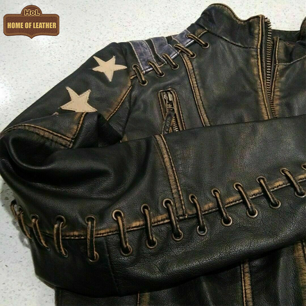 WLJ11 Women's Café Racer Star Slim Fit Stars Distressed Brown Classic Biker Leather Jacket