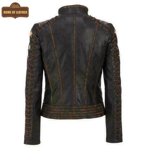 WLJ11 Women's Café Racer Star Slim Fit Stars Distressed Brown Classic Biker Leather Jacket