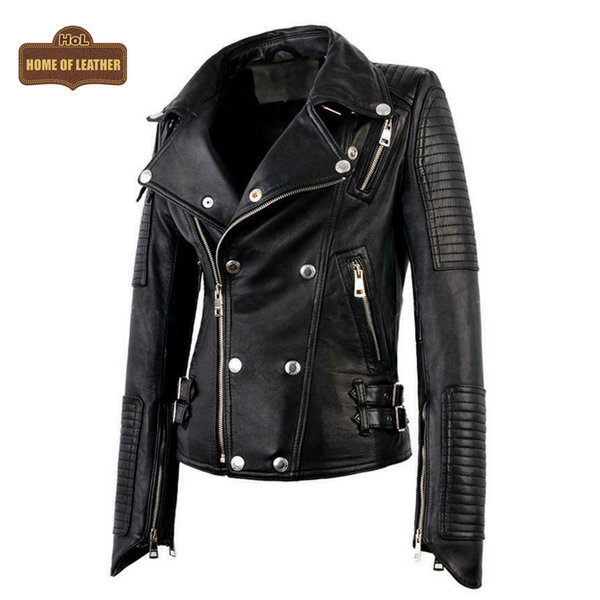 WLJ13 Women's Motorcycle Bomber Black Biker Real Leather Stylish Slim Fit Jacket