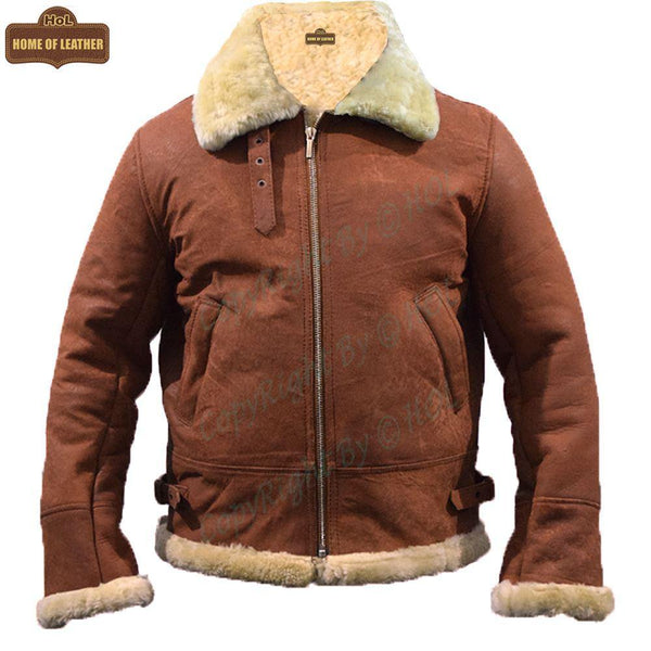 B002 B3 Brown Shearling Coat WWII Bomber Genuine Leather Aviator Style Jacket For Men - Home of Leather