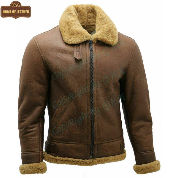 B002 B3 Brown Shearling Coat WWII Bomber Winter Warm Genuine Leather Jacket For Men - Home of Leather