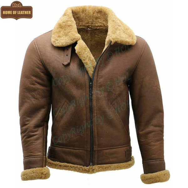 B002 B3 Brown Shearling Coat WWII Bomber Winter Warm Genuine Leather Jacket For Men - Home of Leather