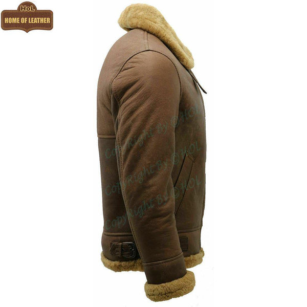 B002 B3 Brown Shearling Coat WWII Bomber Winter Warm Genuine Leather Jacket For Men - Home of Leather