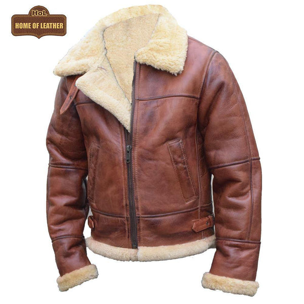 B003 B3 Brown Shearling Coat WWII Bomber Sheep Leather Aviator Jacket For Men's - Home of Leather