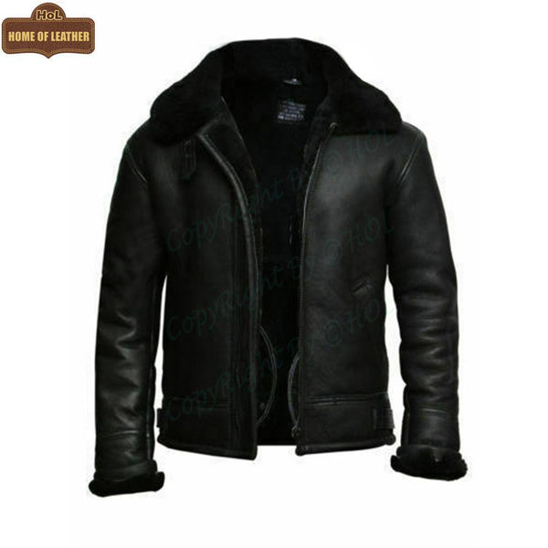 B004 B3 RAF Flying Aviator Real Fur Bomber Black Winter Genuine Leather Men's Jacket - Home of Leather