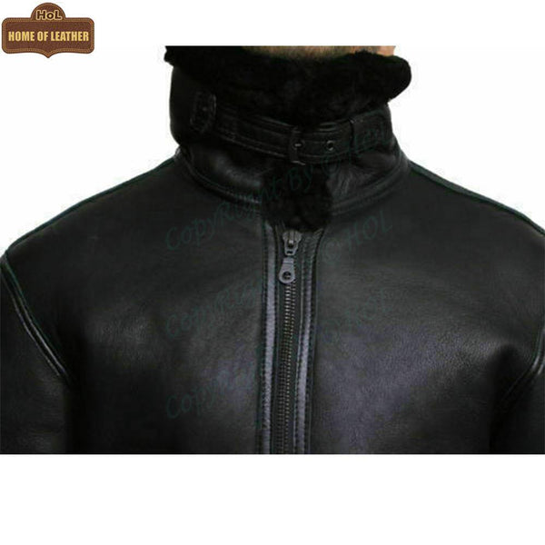 B004 B3 RAF Flying Aviator Real Fur Bomber Black Winter Genuine Leather Men's Jacket - Home of Leather