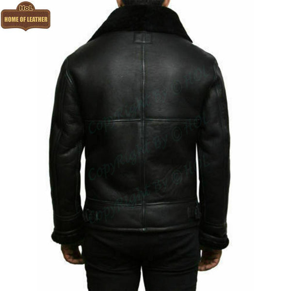 B004 B3 RAF Flying Aviator Real Fur Bomber Black Winter Genuine Leather Men's Jacket - Home of Leather