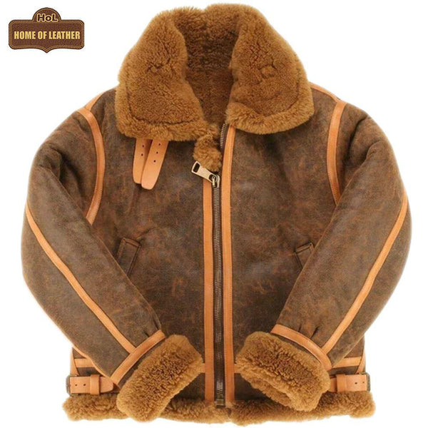 B015 RAF Brown Shearling Winter Fashion Bomber Aviator Jacket - Home of Leather