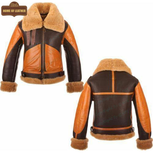 B016 Two Tone RAF Bomber Brown Real Sheepskin Shearling Men's Jacket - Home of Leather