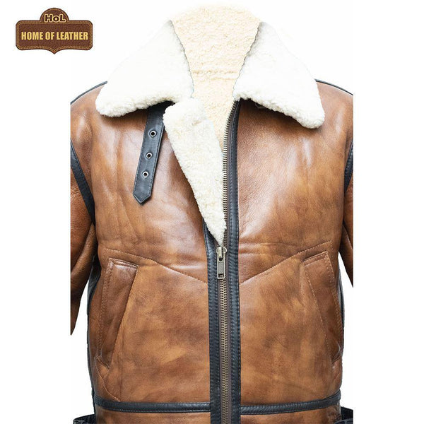 B023 Men's Fashion Fur Shearling Brown Bomber Winter Warm Real Leather Jacket - Home of Leather