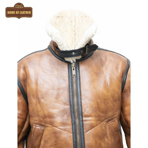 B023 Men's Fashion Fur Shearling Brown Bomber Winter Warm Real Leather Jacket - Home of Leather
