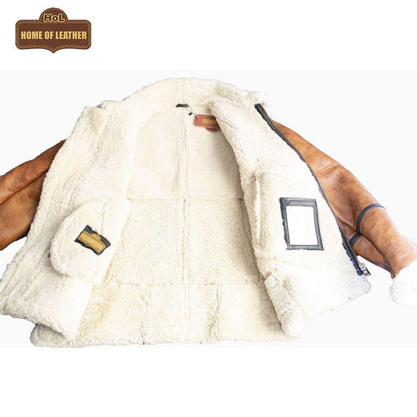 B023 Men's Fashion Fur Shearling Brown Bomber Winter Warm Real Leather Jacket - Home of Leather