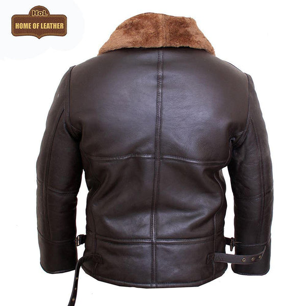 B025 Fur Shearling Men Warm Bomber Brown Genuine Leather Jacket Winter Coat - Home of Leather