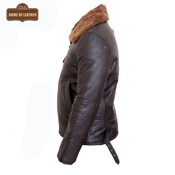 B025 Fur Shearling Men Warm Bomber Brown Genuine Leather Jacket Winter Coat - Home of Leather