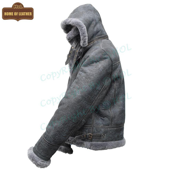 B027 Men's Vintage Distressed Winter Real Leather Fur Jacket Removable Hood - Home of Leather