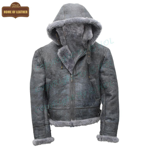 B027 Men's Vintage Distressed Winter Real Leather Fur Jacket Removable Hood - Home of Leather