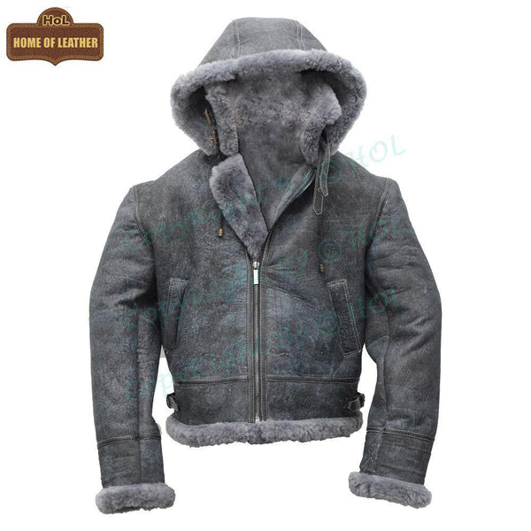 B027 Men's Vintage Distressed Winter Real Leather Fur Jacket Removable Hood - Home of Leather