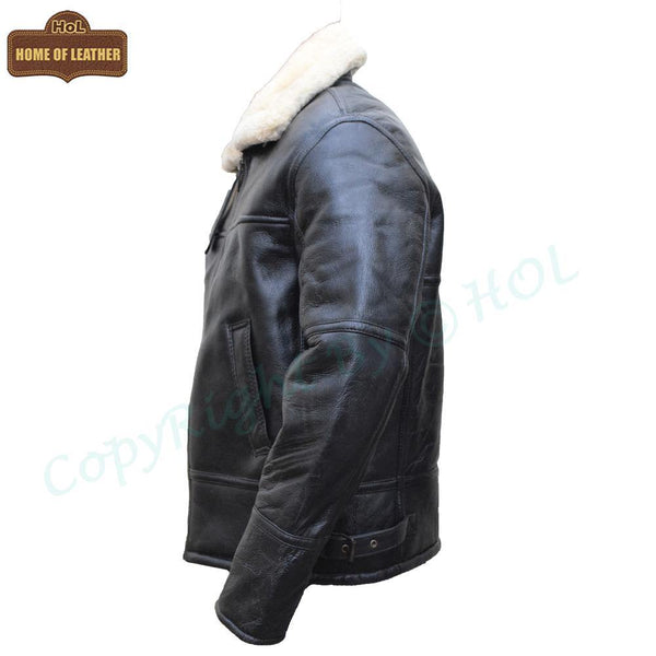 B028 Men's RAF Flying Aviator Real Shearling Fur Bomber Black Winter Leather Jacket Winter Men's Fur Jacket - Home of Leather