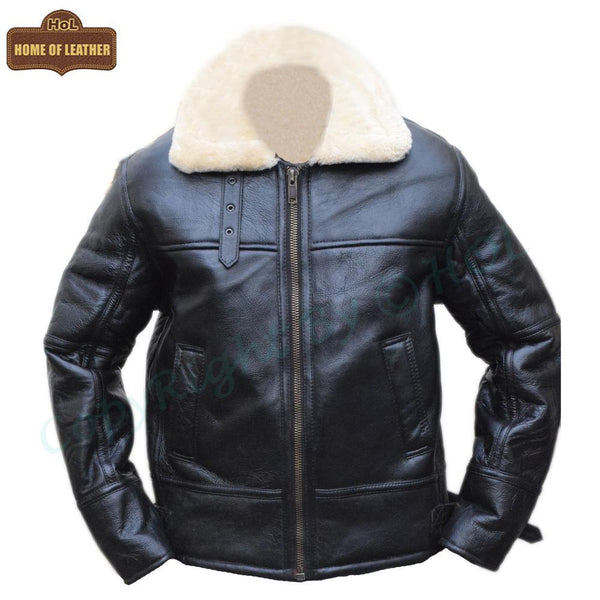 B028 Men's RAF Flying Aviator Real Shearling Fur Bomber Black Winter Leather Jacket Winter Men's Fur Jacket - Home of Leather