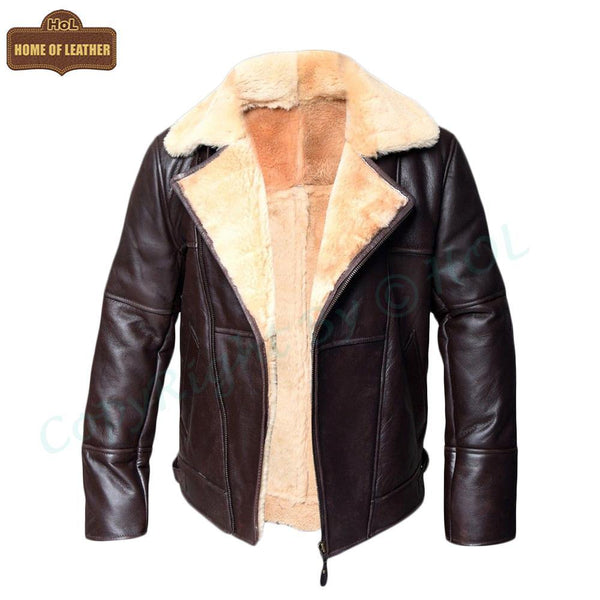 B032 New Men's Real Leather & Fur Bomber Brown Cross Style Wear Jacket Men's Winter Jacket - Home of Leather 