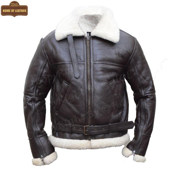 B033 Men's RAF Flying Aviator Real Shearling Fur Bomber Brown Winter Leather Jacket Men's Winter Fur Jacket - Home of Leather 