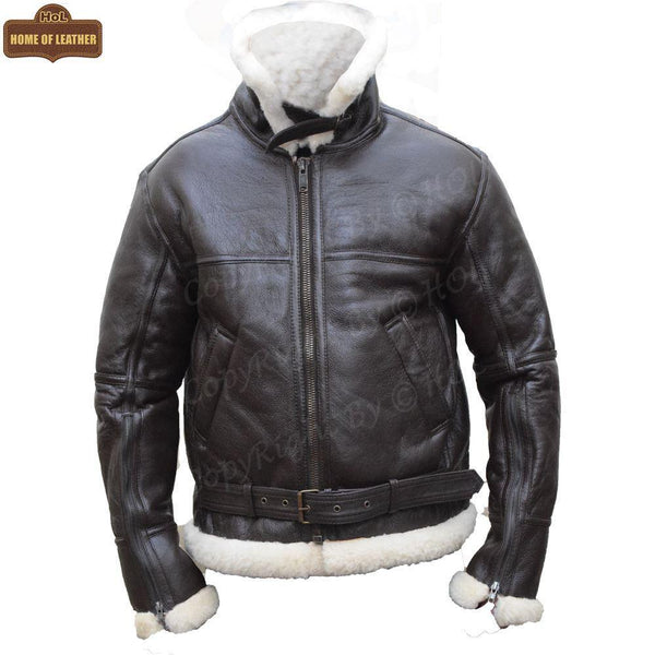 B033 Men's RAF Flying Aviator Real Shearling Fur Bomber Brown Winter Leather Jacket Men's Winter Fur Jacket - Home of Leather