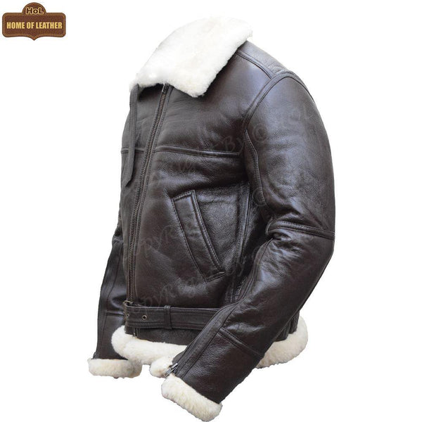 B033 Men's RAF Flying Aviator Real Shearling Fur Bomber Brown Winter Leather Jacket Men's Winter Fur Jacket - Home of Leather