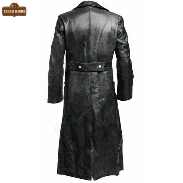 C004 Black German Classic Trench Genuine Jacket Leather Military Men's Fashion Coat - Home of Leather