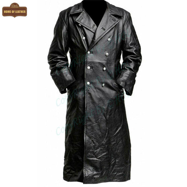 C004 Black German Classic Trench Genuine Jacket Leather Military Men's Fashion Coat - Home of Leather