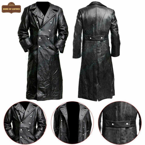 C004 Black German Classic Trench Genuine Jacket Leather Military Men's Fashion Coat - Home of Leather